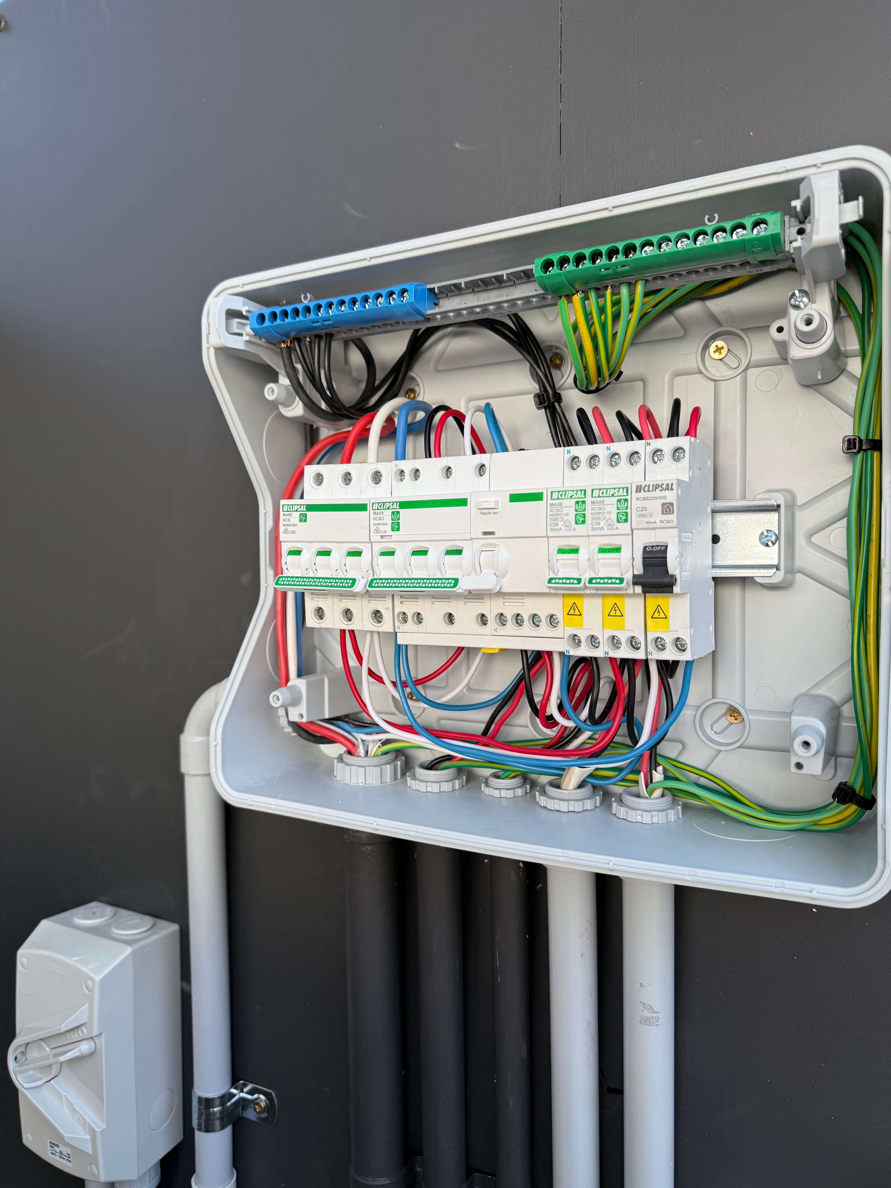 Electrical circuit breaker panel close-up